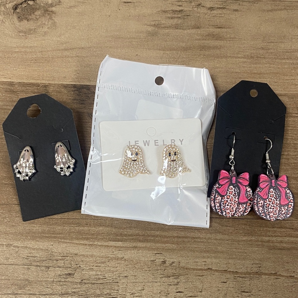 Set of 3 Cute Earrings - Silver Ghosts, Rhinestone Drops, Pink Bow Leopard
